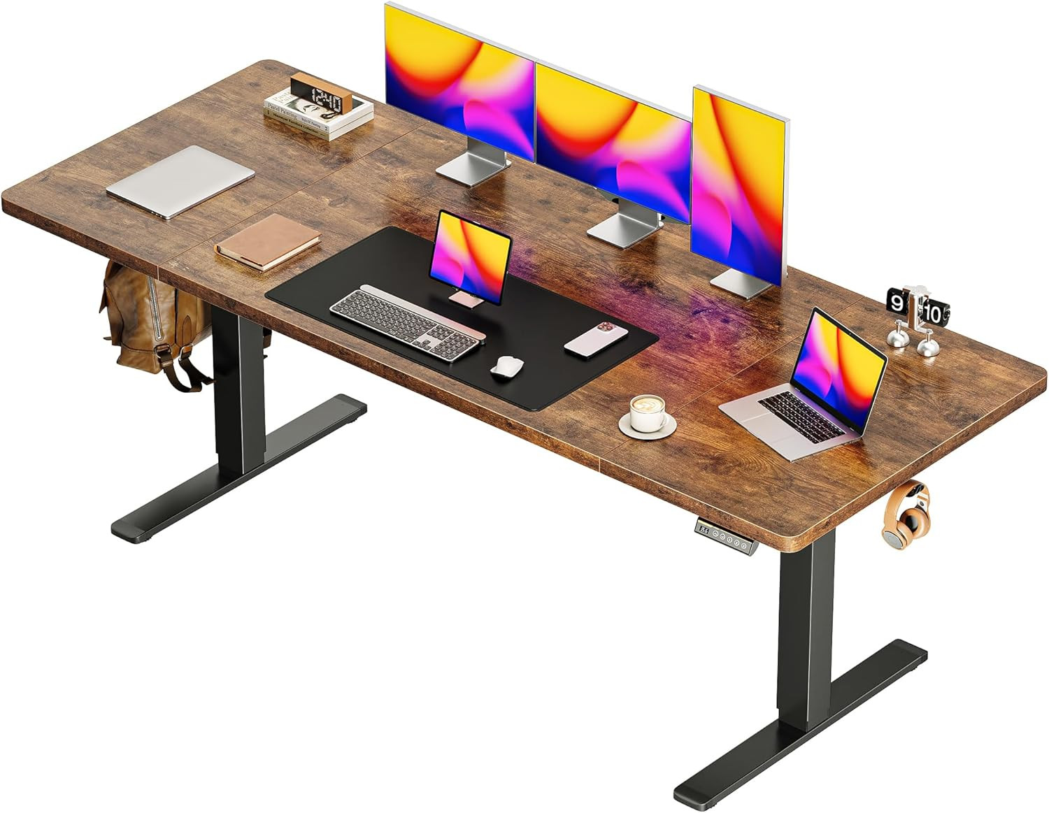 Large Electric Height Adjustable Standing Desk – Rustic Brown, 3 Preset Heights