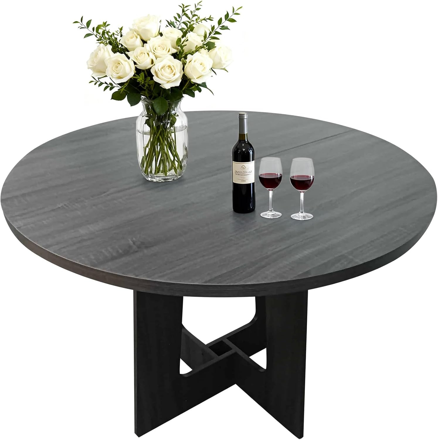 Compact Round Dining Table for 4 – Black Wood Pedestal Base for Small Spaces