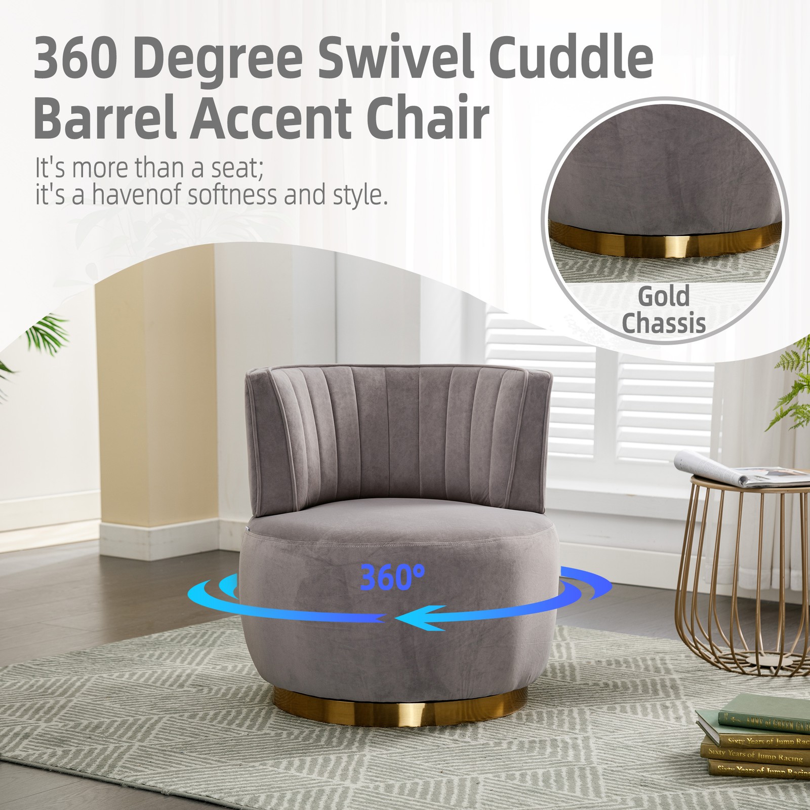 Swivel Barrel Accent Chair, Gray Velvet, 360 Degree Rotation