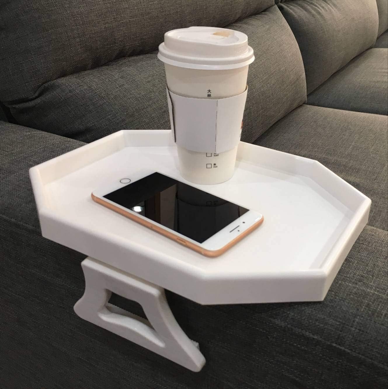 Sleek Octagonal Armrest Tray Table for Drinks and Snacks – 12.3L x 9W in White