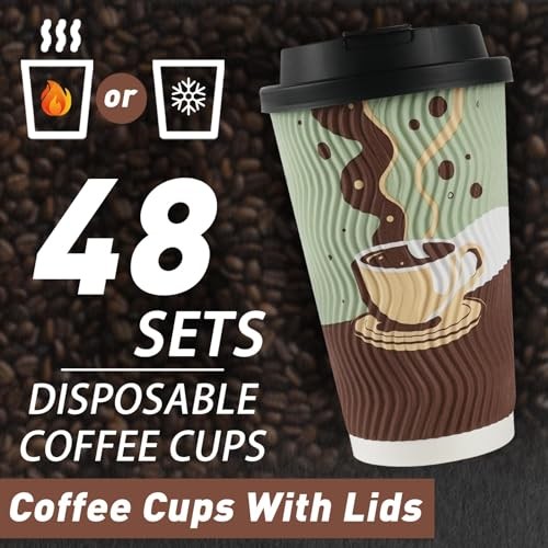 Disposable 16oz Insulated Coffee Cups with Lids – 48 Pack – Disposable