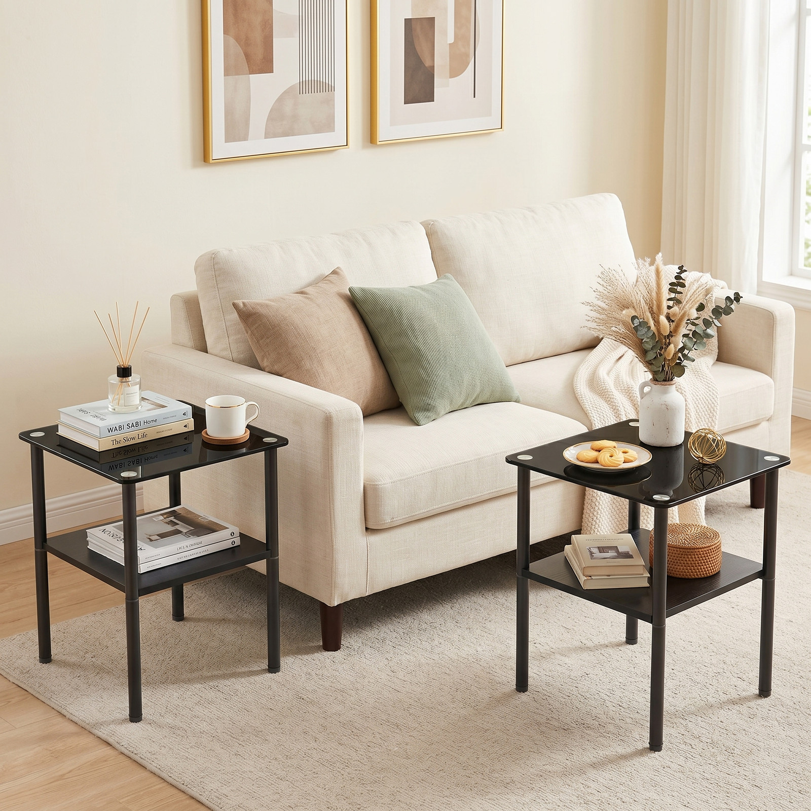 2-Piece Rectangular Glass Side Table, Tempered Glass Top, MDF Shelf, Black