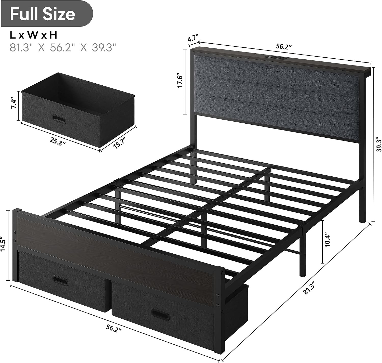 Full Size Bed Frame with 2 Storage Drawers Upholstered Headboard | Full