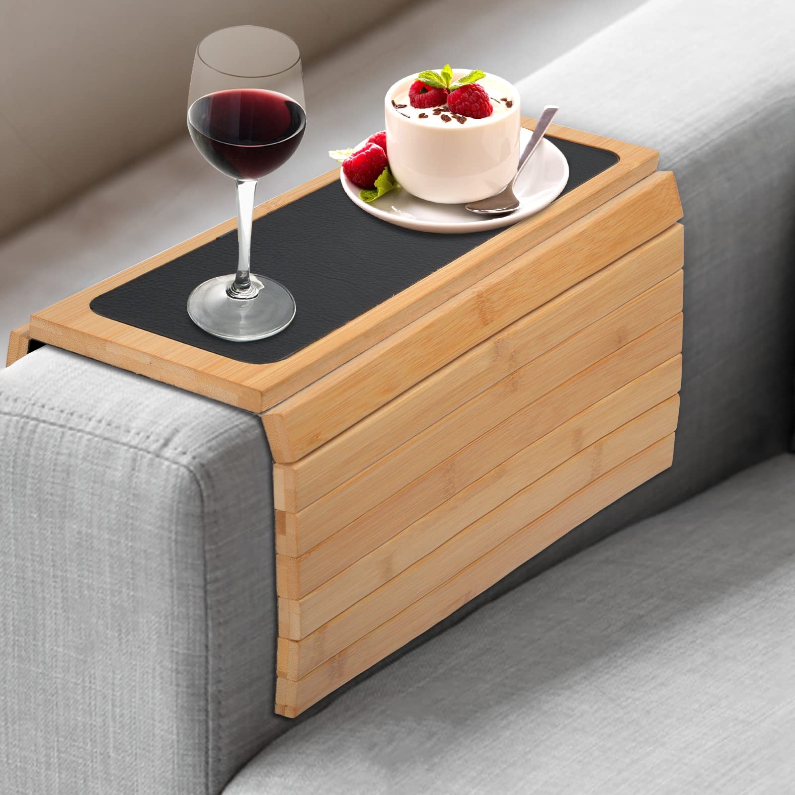Natural Adjustable Foldable Couch Arm Tray Sofa Armrest Table Snacks Drinks
