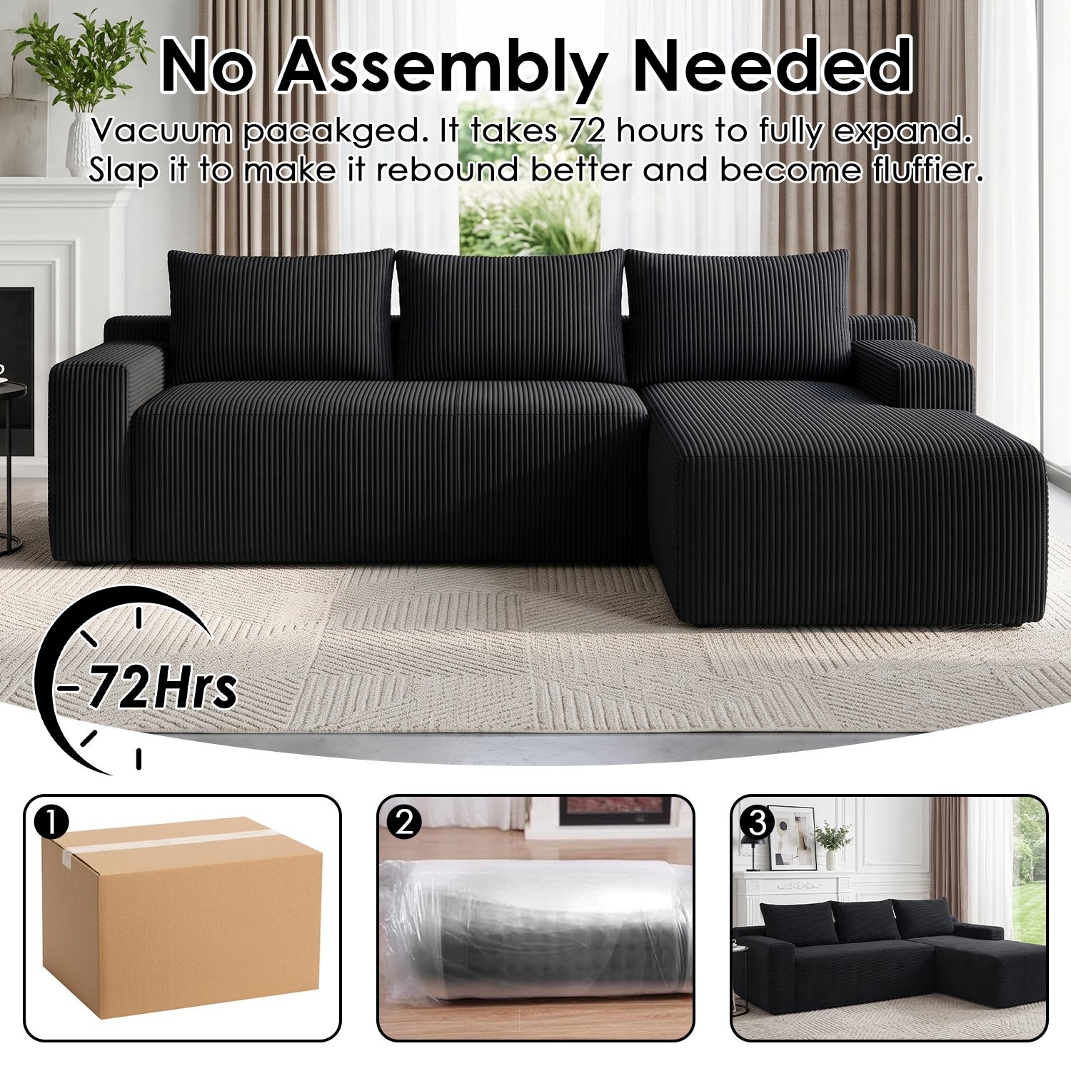 96″ Modular Cloud Sectional Sofa Couch L-Shaped Couch with Chaise Lounge 3 Seat