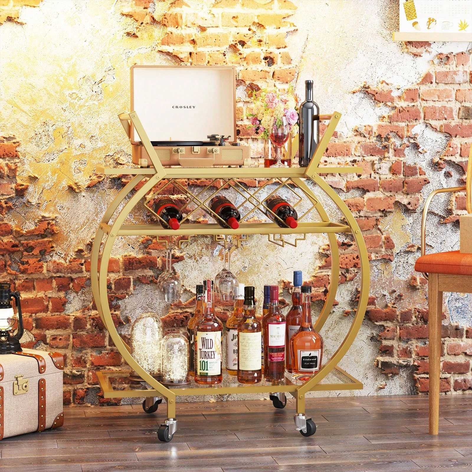 Glass Bar Trolley 2 Tier Rolling Wine Rack Cart with Wheels Metal Frame
