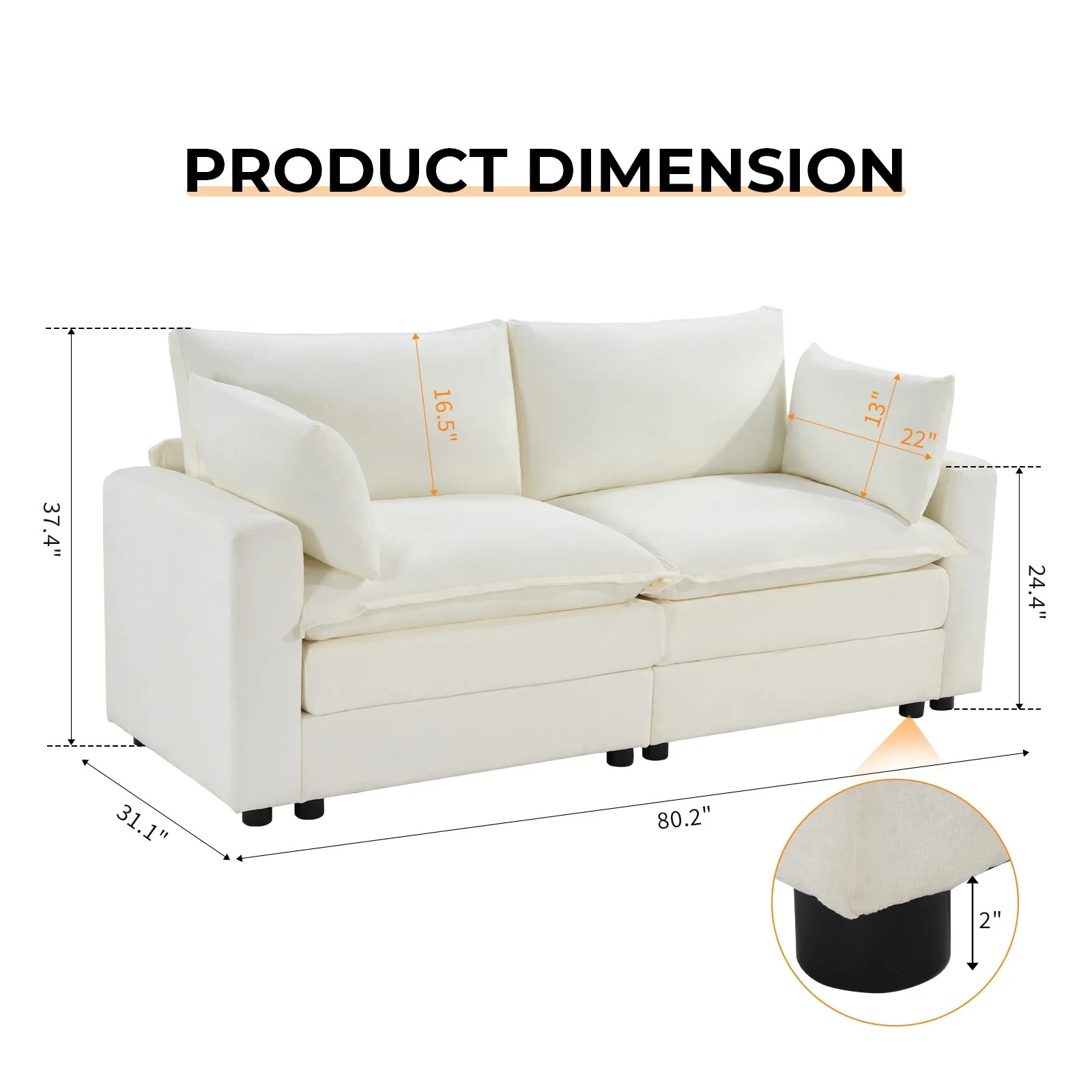 EBELLO Modular Sectional Sofa Modern Loveseat 2-Seat Cloud Couch for Living Room