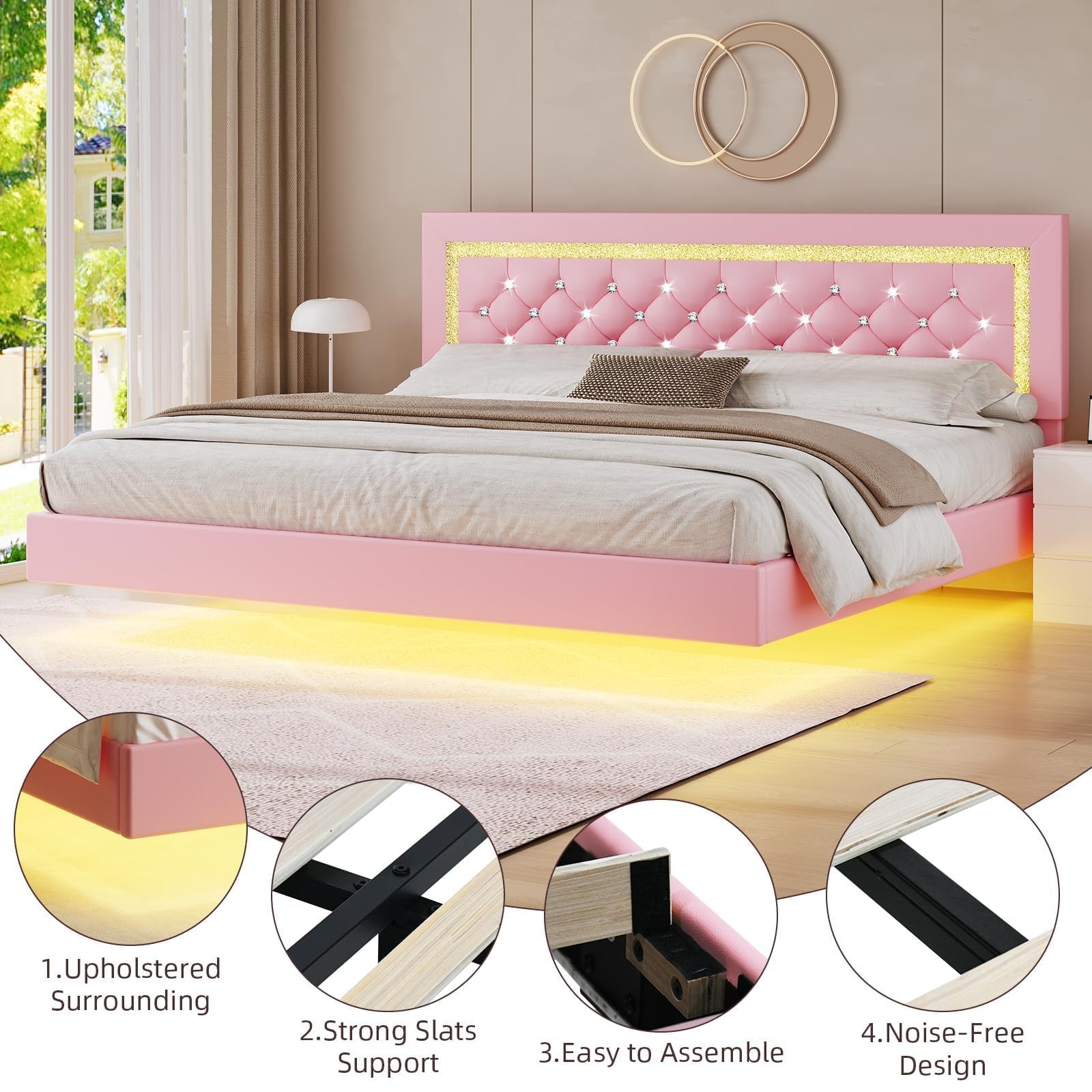 Floating King Bed Frame with LED Lights Upholstered Diamond Headboard Pink