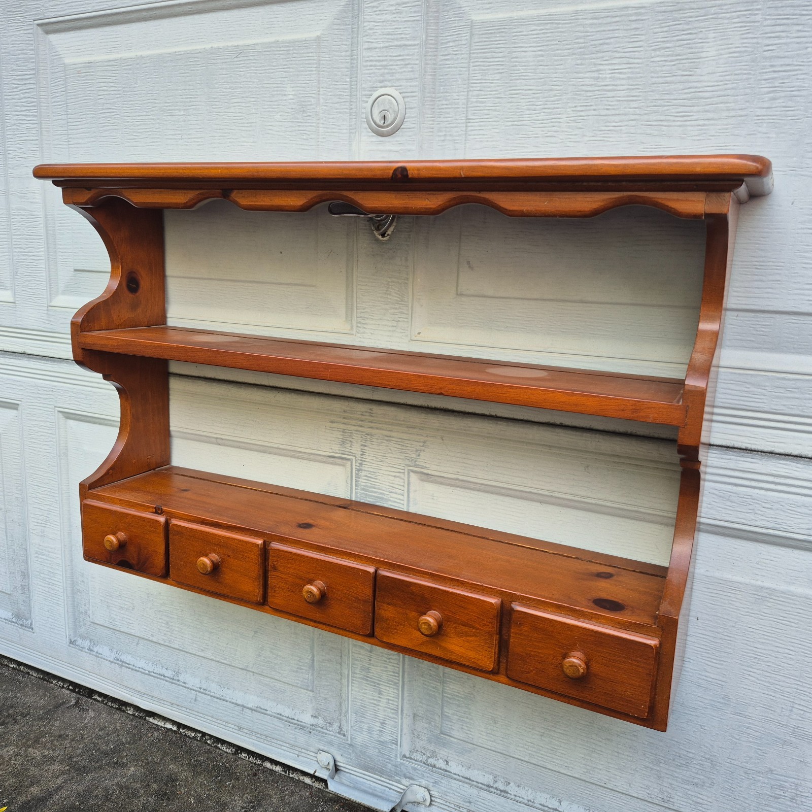 VTG Solid Pine Wall Rack w Plate Groove Display Cup Saucer Curio Shelf 5 Drawers