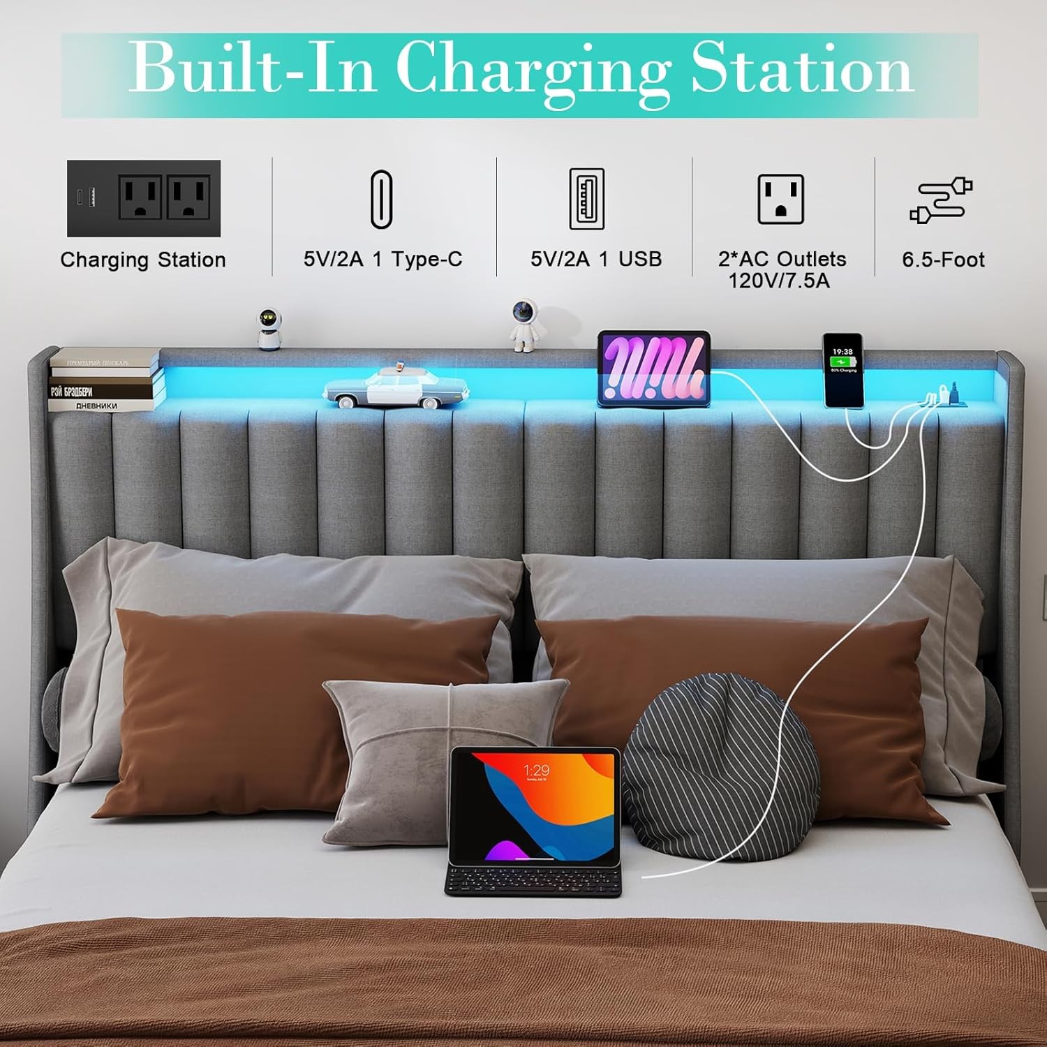 Full Queen Bed Frame with 4 Drawer and Upholstered Headboard &Charging Station