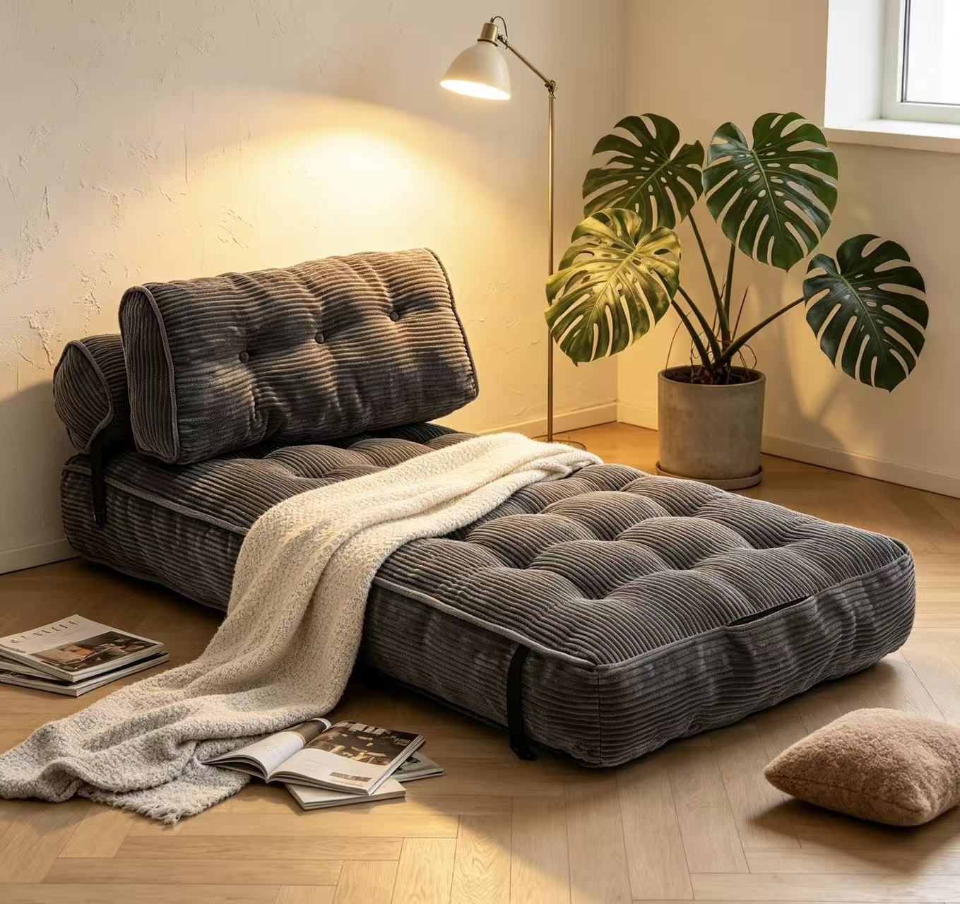 Foldable Sofa Bed Single Convertible Sleeper Chair with Pillow Corduroy Floor