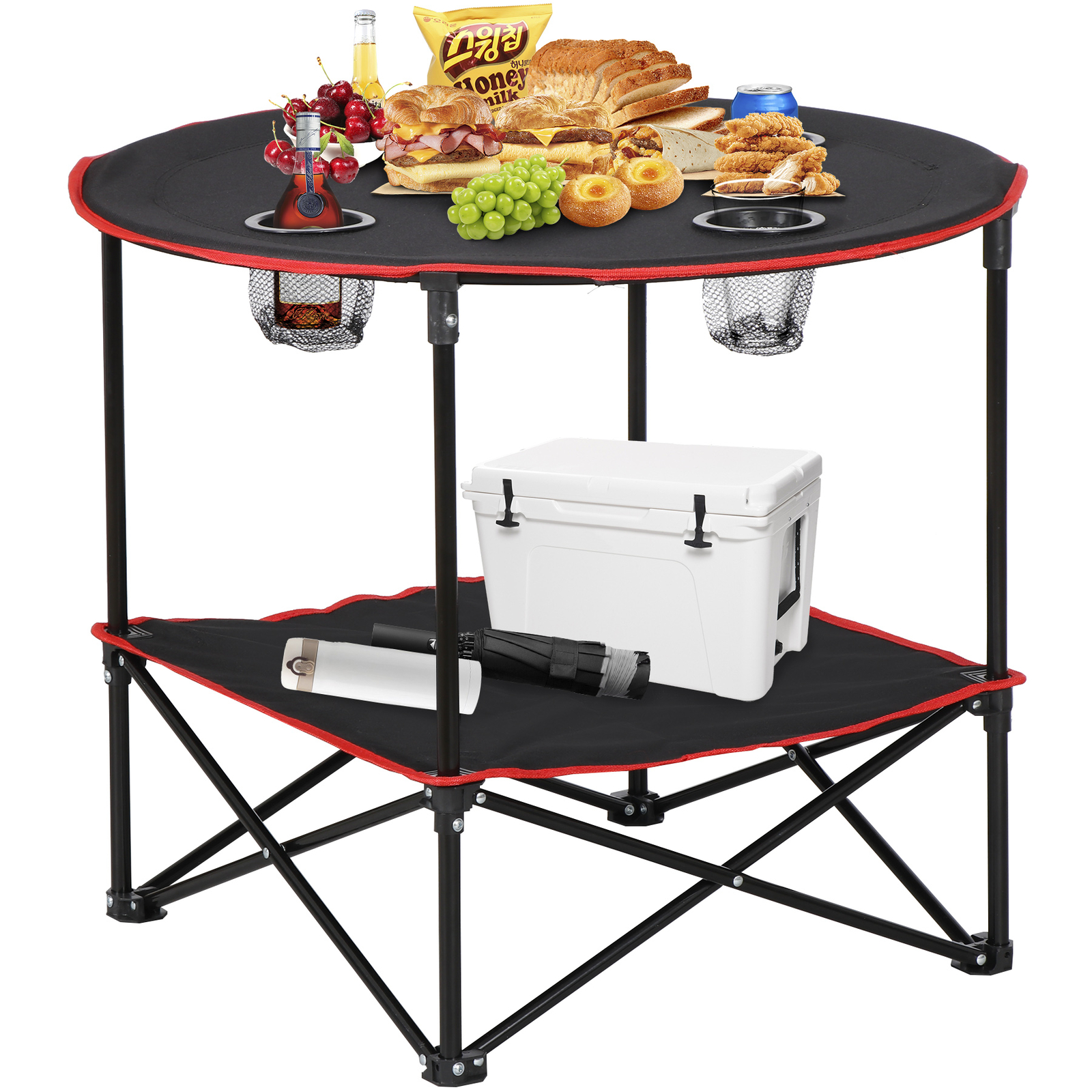 28″ Round Folding Picnic Table Lightweight Canvas Beach Table w/Cup Holder Black