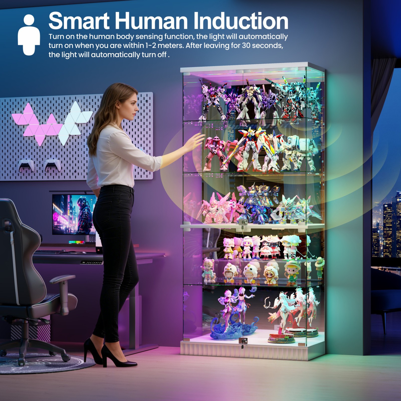Gurexl Glass Curio Cabinet with Glass Doors Display Case Cabinet with RGB Lights