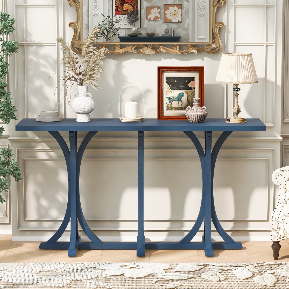 59.8” Wood Console Table with Oak Veneer, Farmhouse Curved Legs