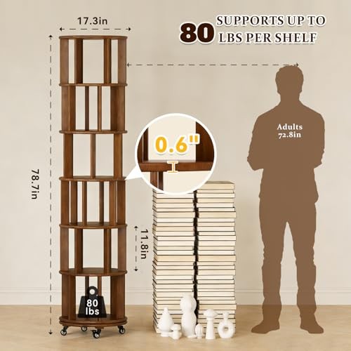 Rotating Bookshelf Towers Solid Wood Revolving Bookcase 6 6Tier-78in Walnut