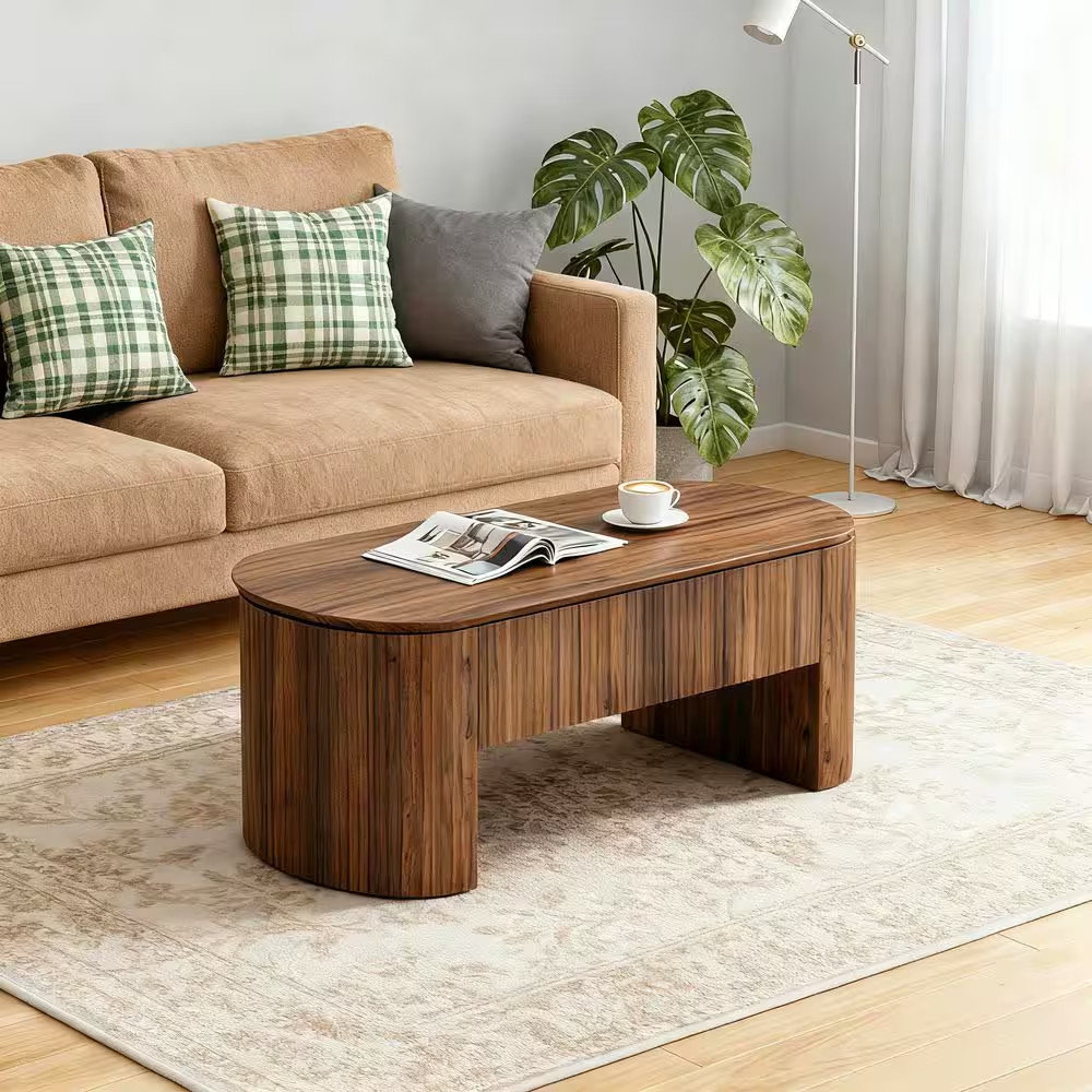 47.24″ In. L X 23.62″ In. D Brown Oval Wood Coffee Table with Lift Top and Stora