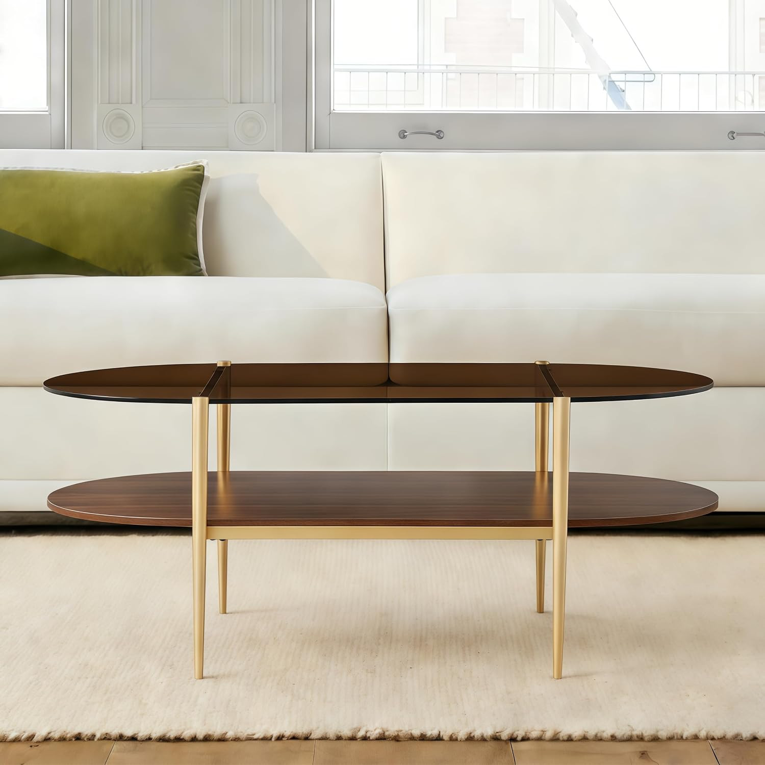 Oval Coffee Table, Mid-Century Modern Design, 2-Tier Structure, Amber Glass Top