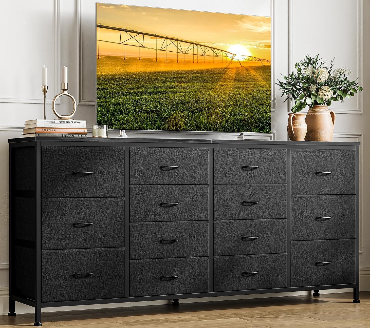 63″ W Black Fabric Dresser TV Stand for 65 70 75 Inch TV 14 Drawer for Bedroom