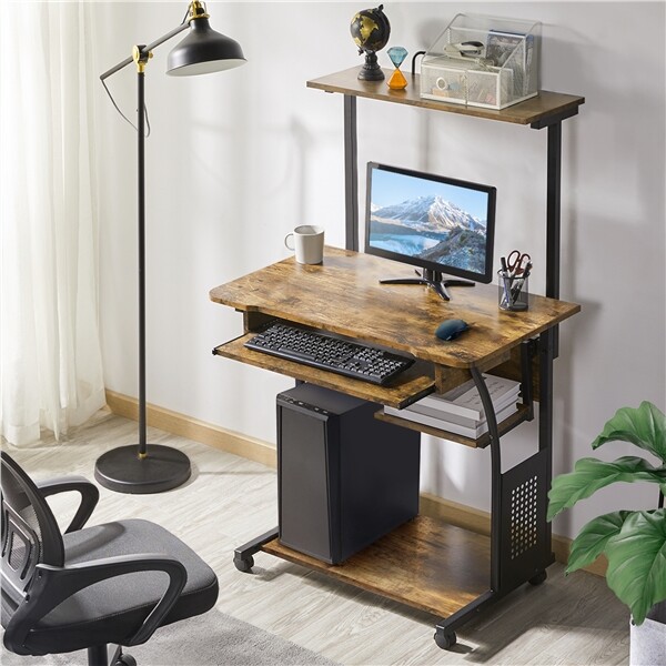 3 Tier Rolling Computer Desk w/Printer Shelf Keyboard Tray Rustic Mobile Desk