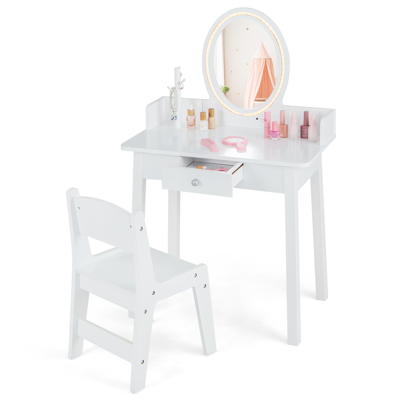 Kids Vanity Table w/Lighted Mirror & Chair 2-Color LED Lighting Drawer for Girls