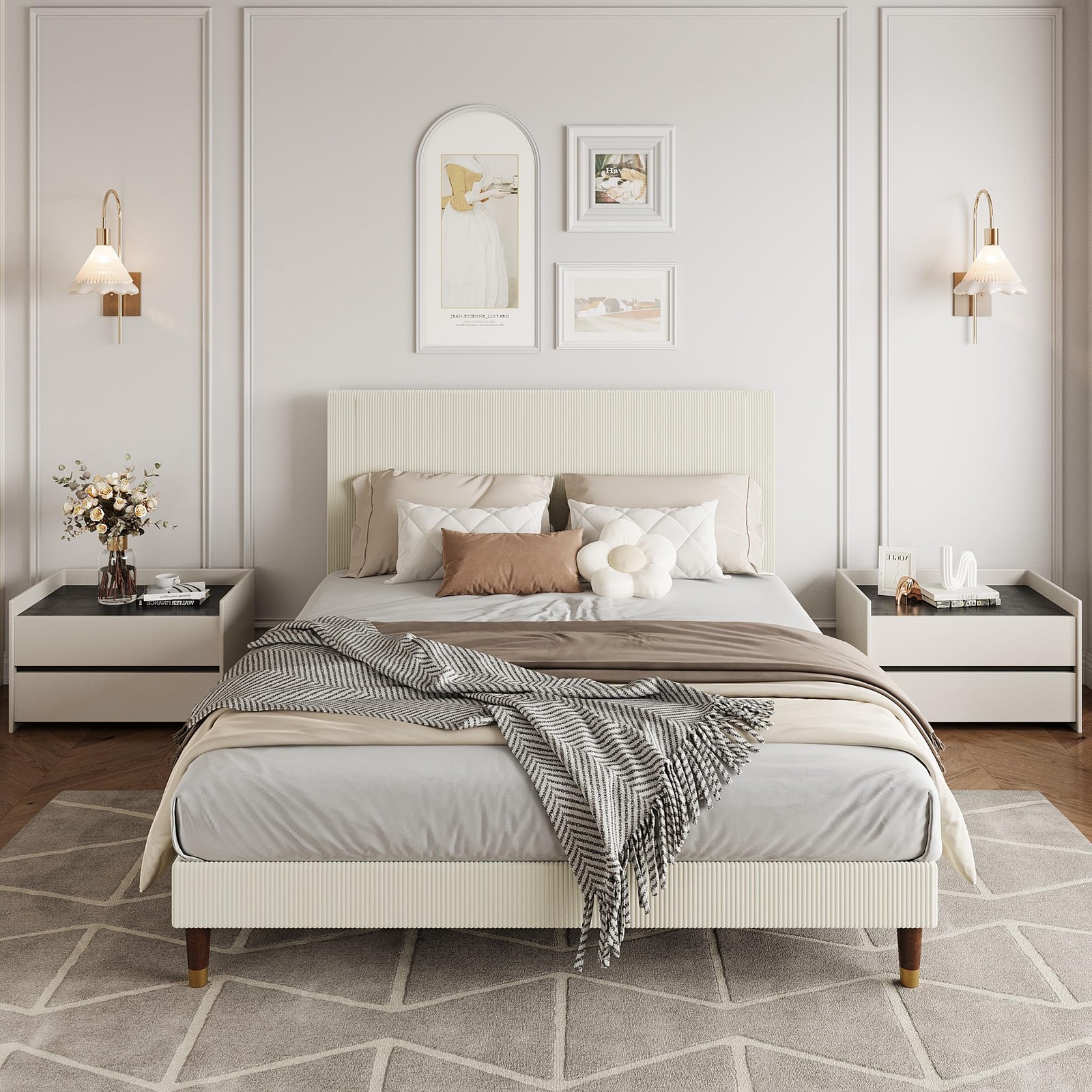 Upholstered Full Size Bed Frame Platform w/Fabric Headboard Wooden Slat 3 Colour