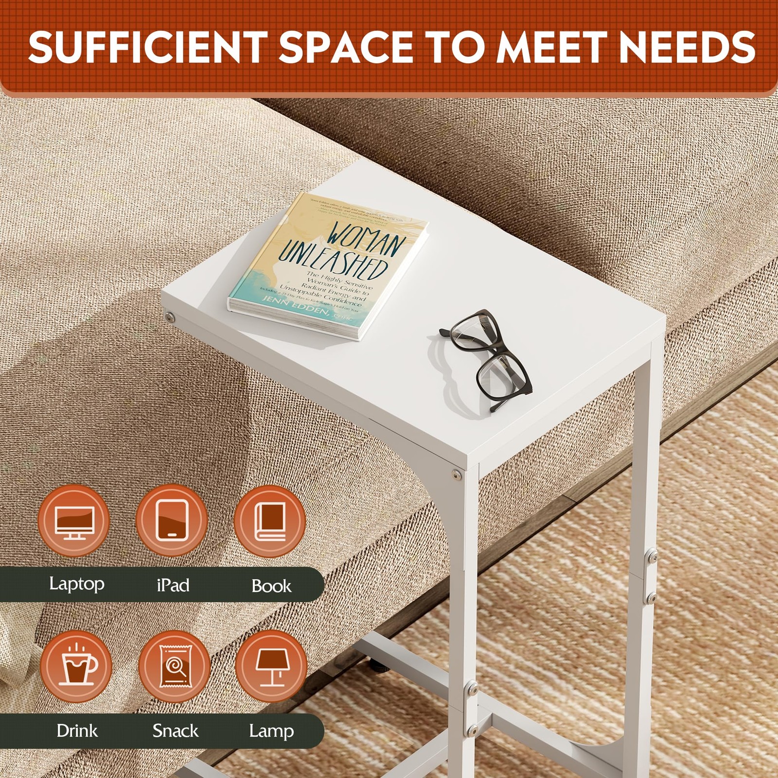 C Shaped End Table Small Sofa Side Table Metal Frame TV Tray White Living Roo…