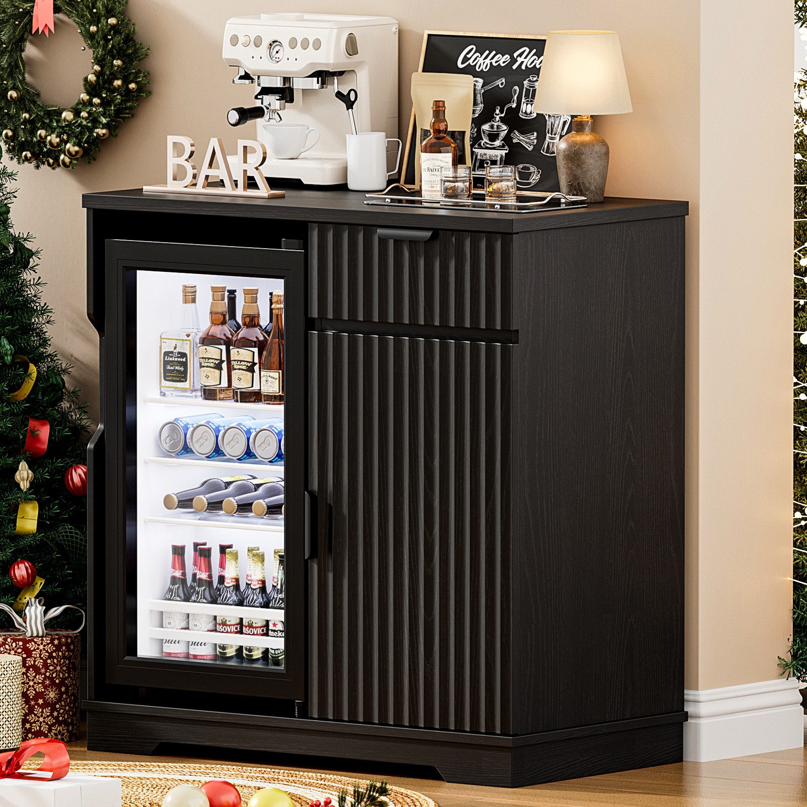 31.5″ Wine Coffee Bar Cabinet with Mini Refrigerator, Pull Out Drawer & Storage