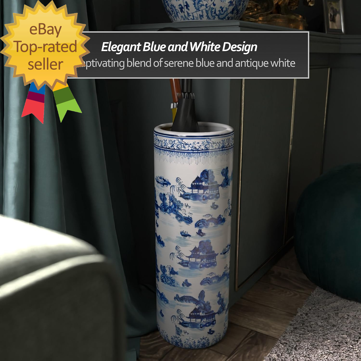 20″ Landscape Blue & White Porcelain Umbrella Stand