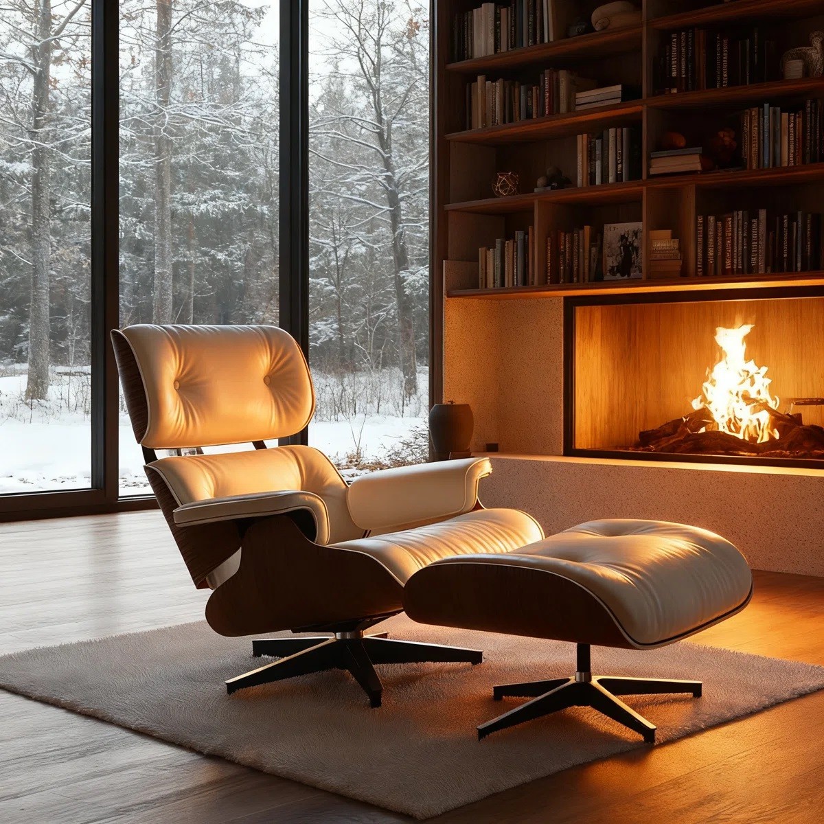 Used Mid Century Tall Eames Chaise Lounge Chair and Ottoman White Real Leather