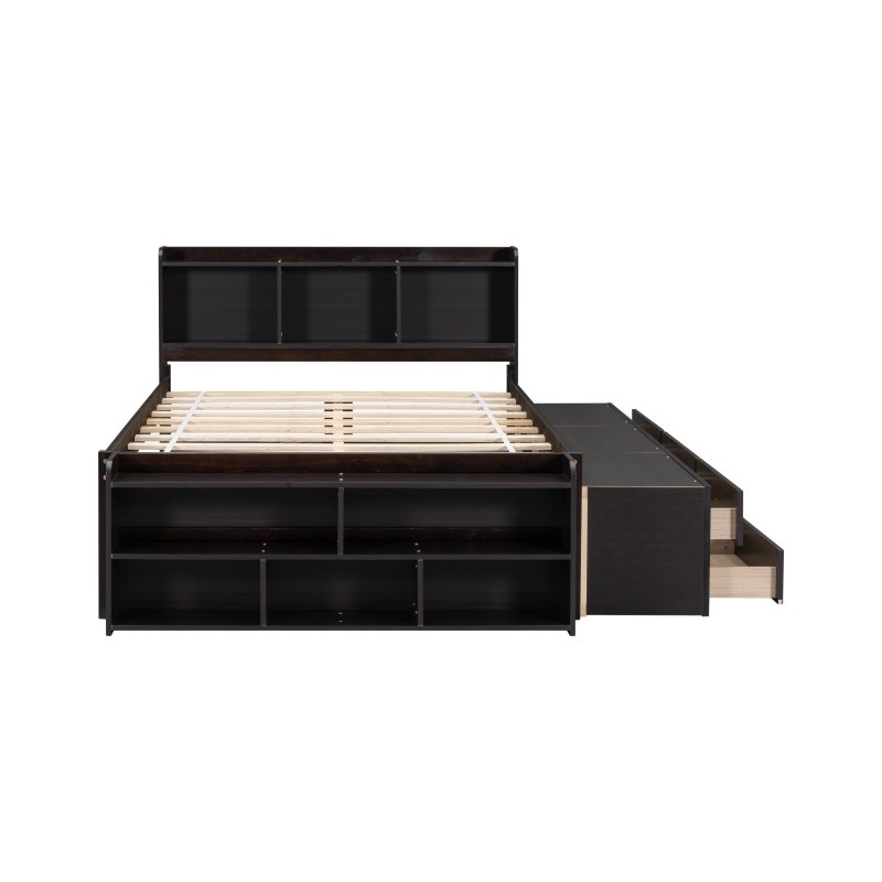 Full Size Wood Storage Bed w/Bookcase,6 Drawers & Bed End Storage Case Espresso