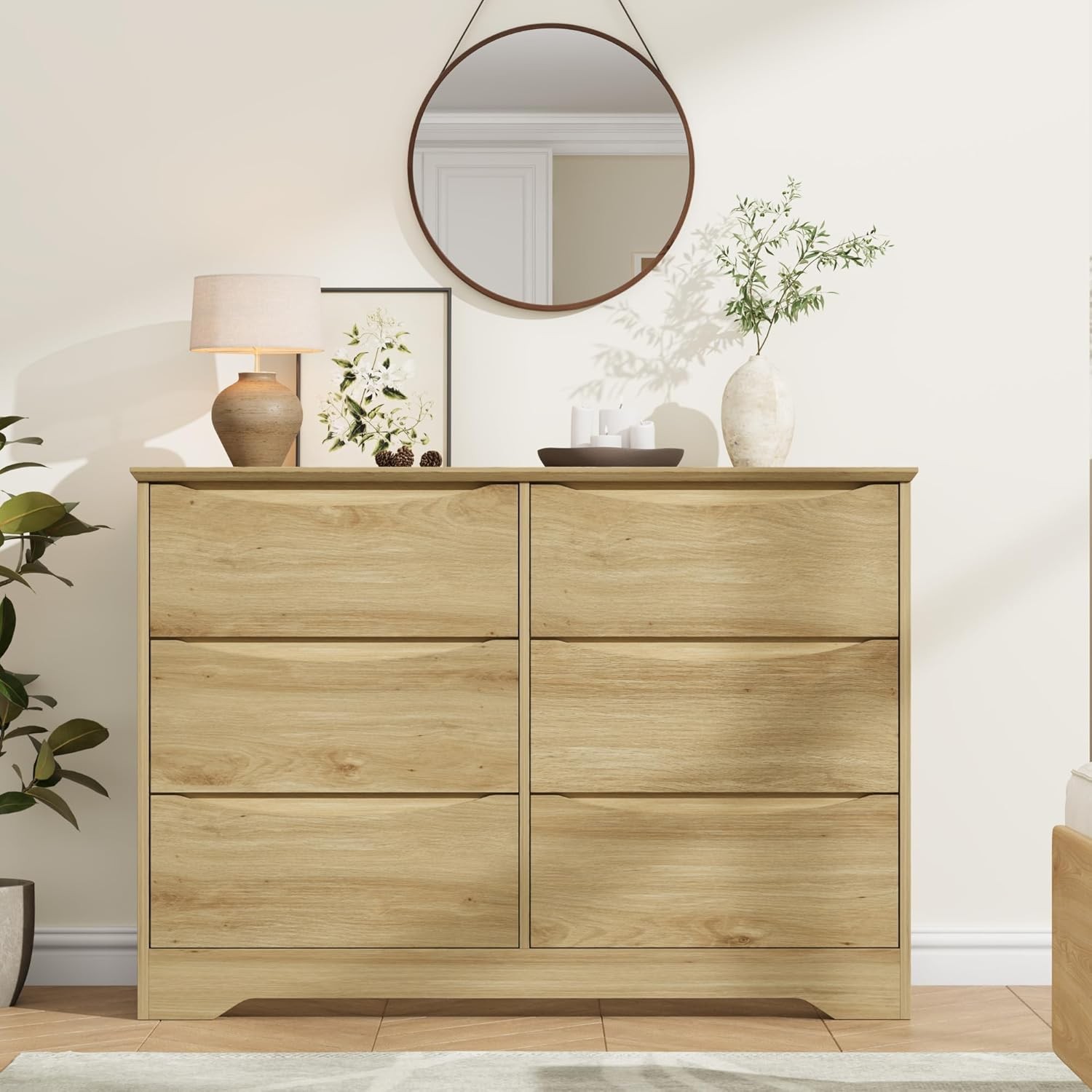Wide 6 Drawer Dresser , Handle Free Wood Chest for Bedroom Living Room Hallway