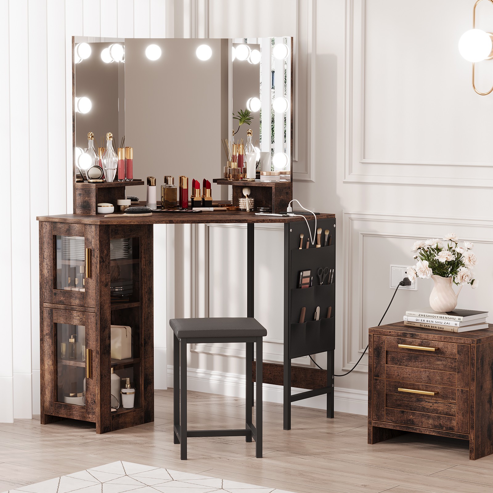 Corner Vanity Desk and Stool, Corner Makeup Vanity with LED Lighted Mirror
