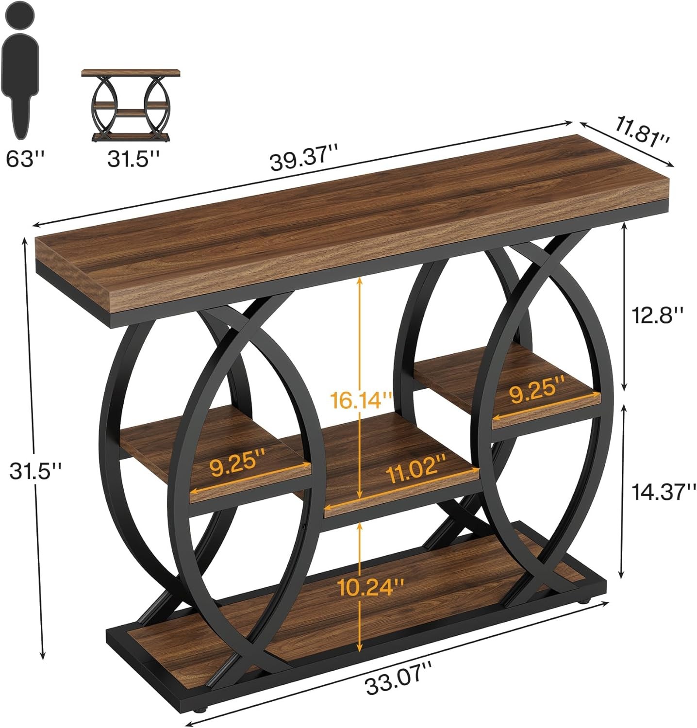 39.4″ Console Table, Industrial 4-Tier Entryway Sofa Table with Storage Shelves