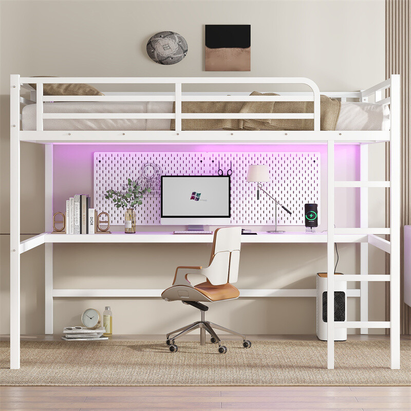 Metal Queen Size Loft Bed w/Power Outlet and LED Lighted Space-Saving Bed Frame