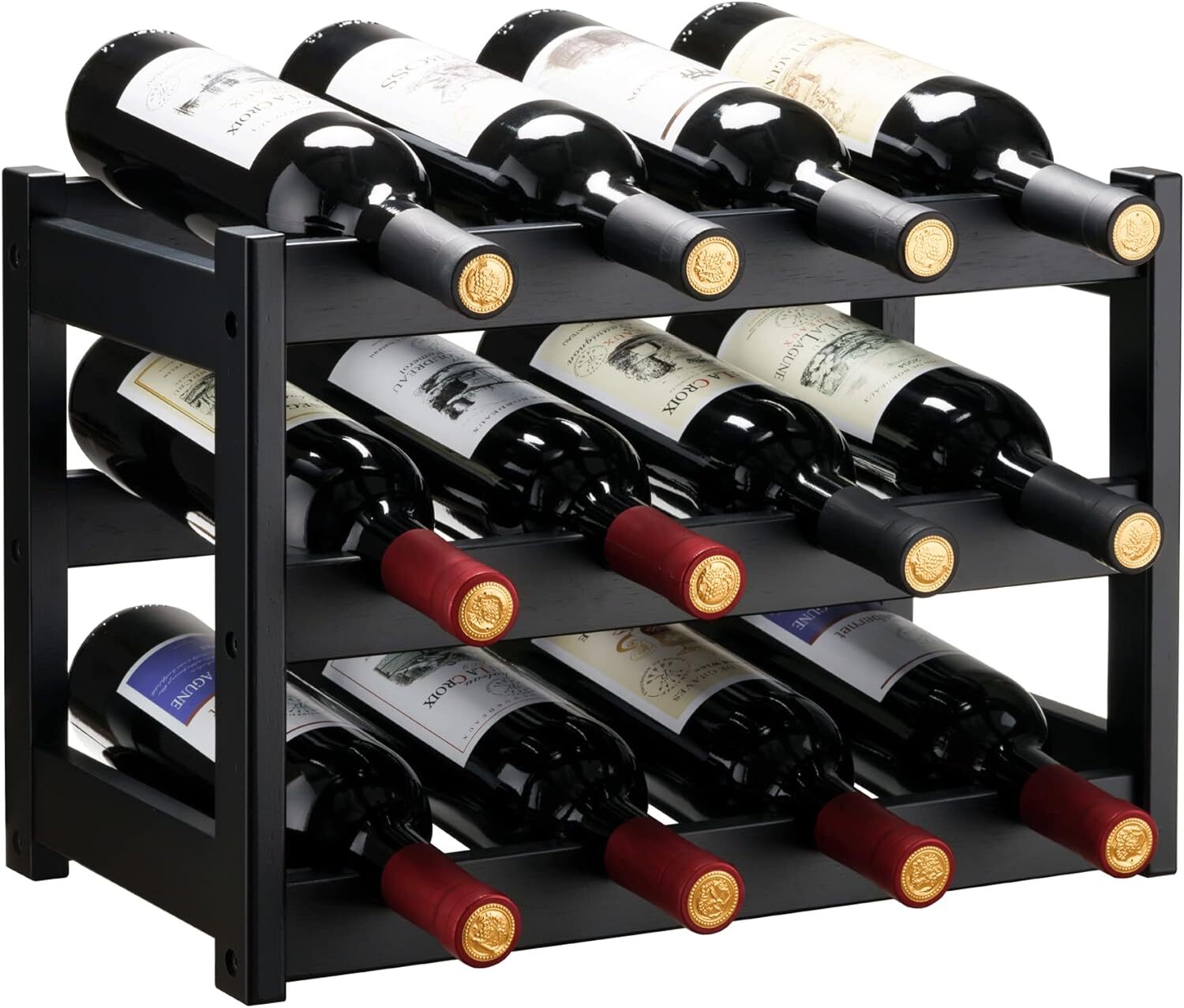 Bamboo Wine Rack, Sturdy and Durable Storage Cabinet 3 Tiers, Black