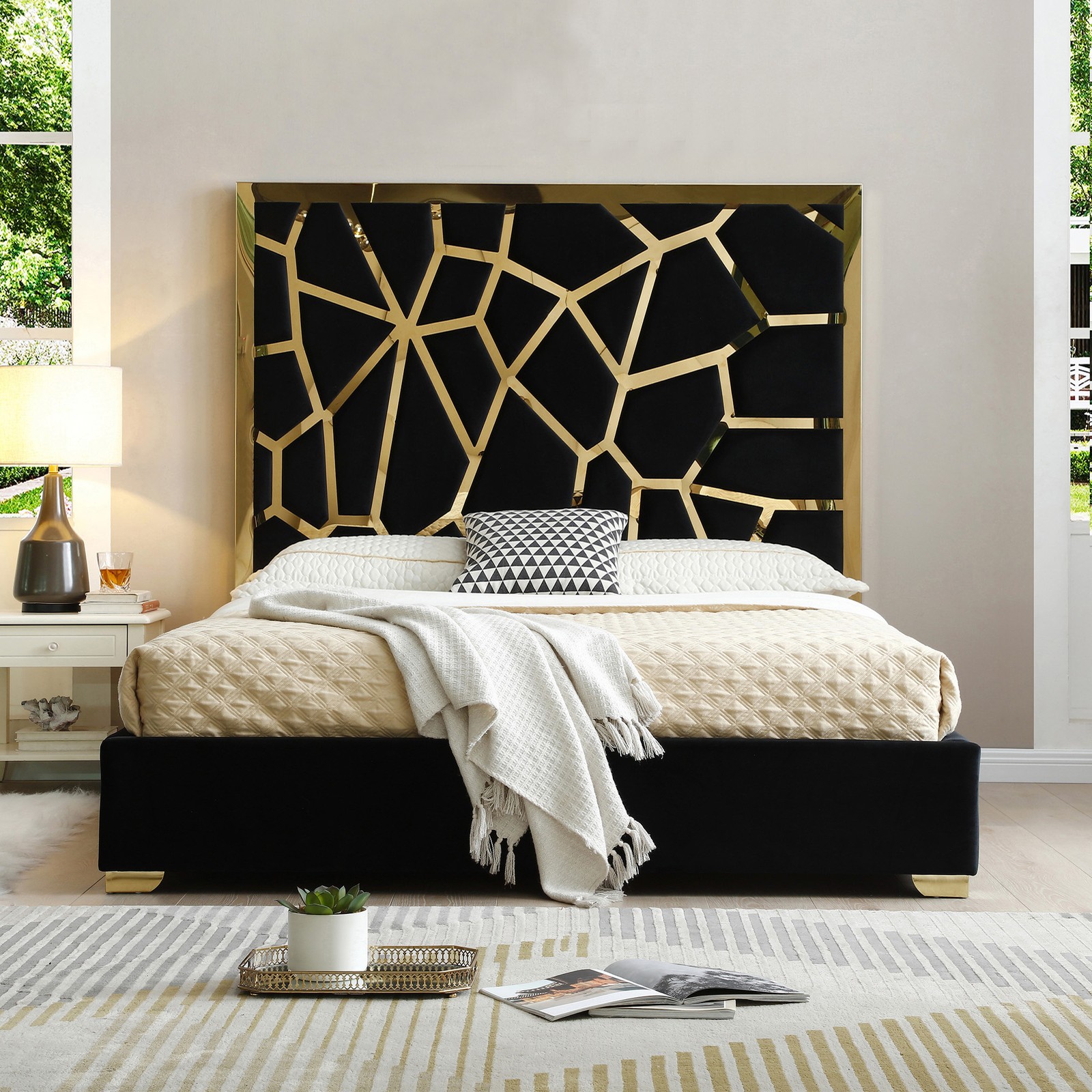 Serenity Queen Velvet Bed with Gold Metal Frame in Black Color