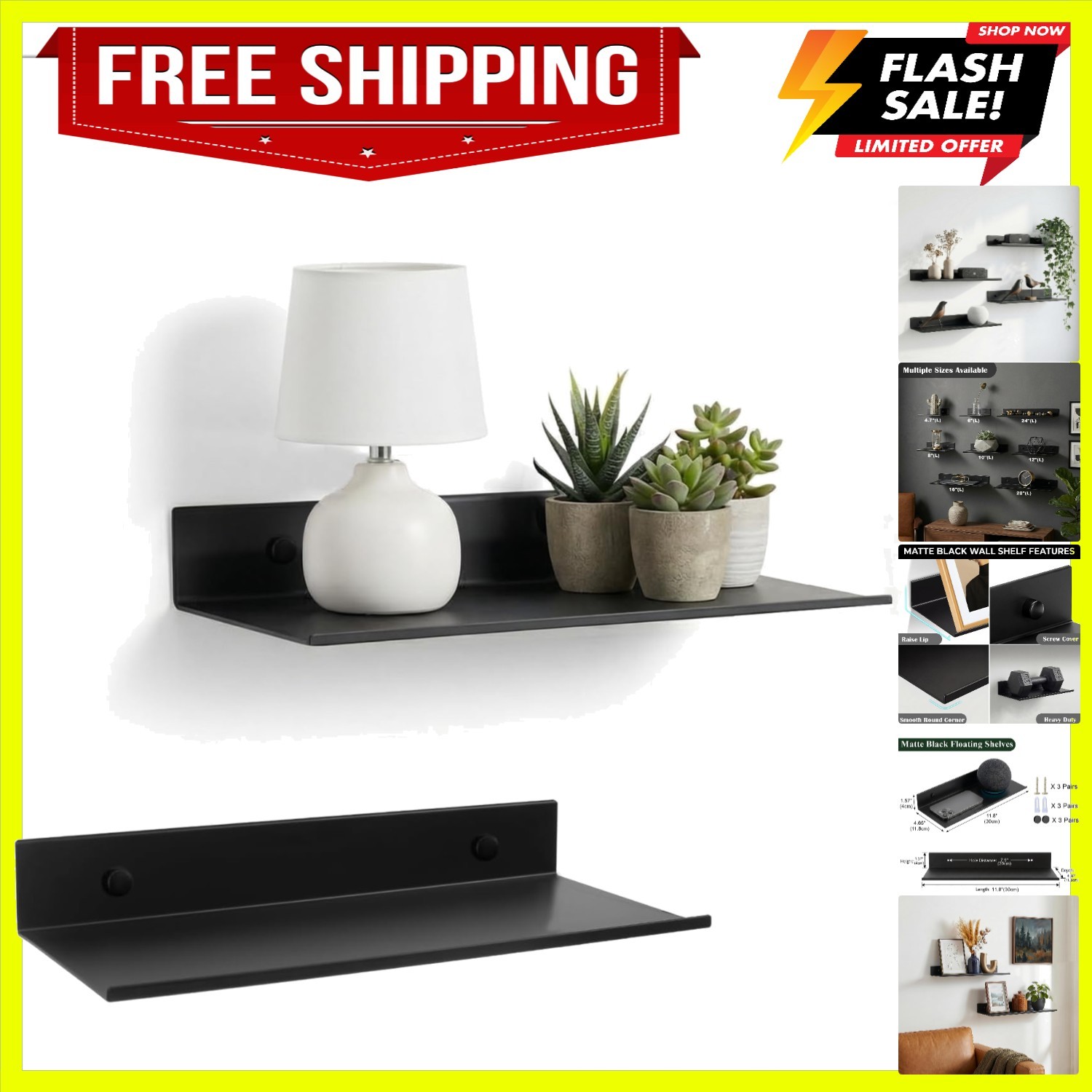Modern 2-Pack Floating Wall Shelves with Elegant Black Finish – 4KG Capacity