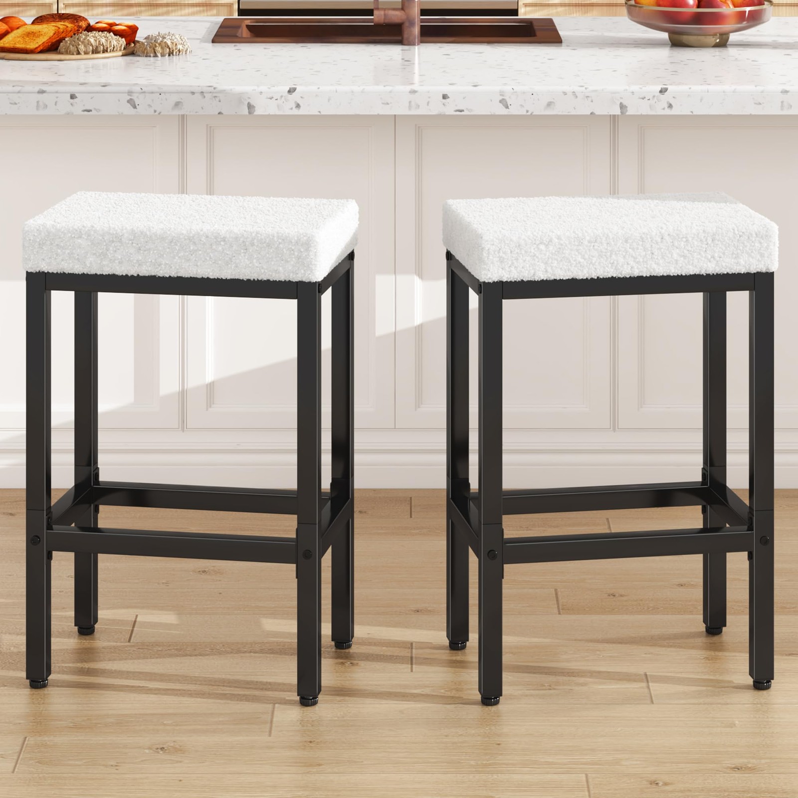 Bar Stools Set of 2, 66 cm Bar Stool, Kitchen Stool White, Bar Stools with Metal Ge…