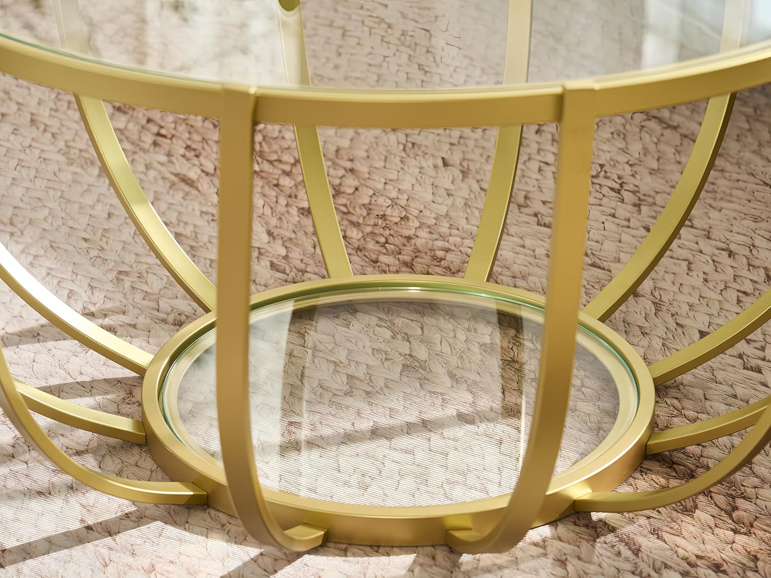 Glam Gold Round Glass Coffee Table, Mid-Century, 2-Tier Design, 30.7″ D