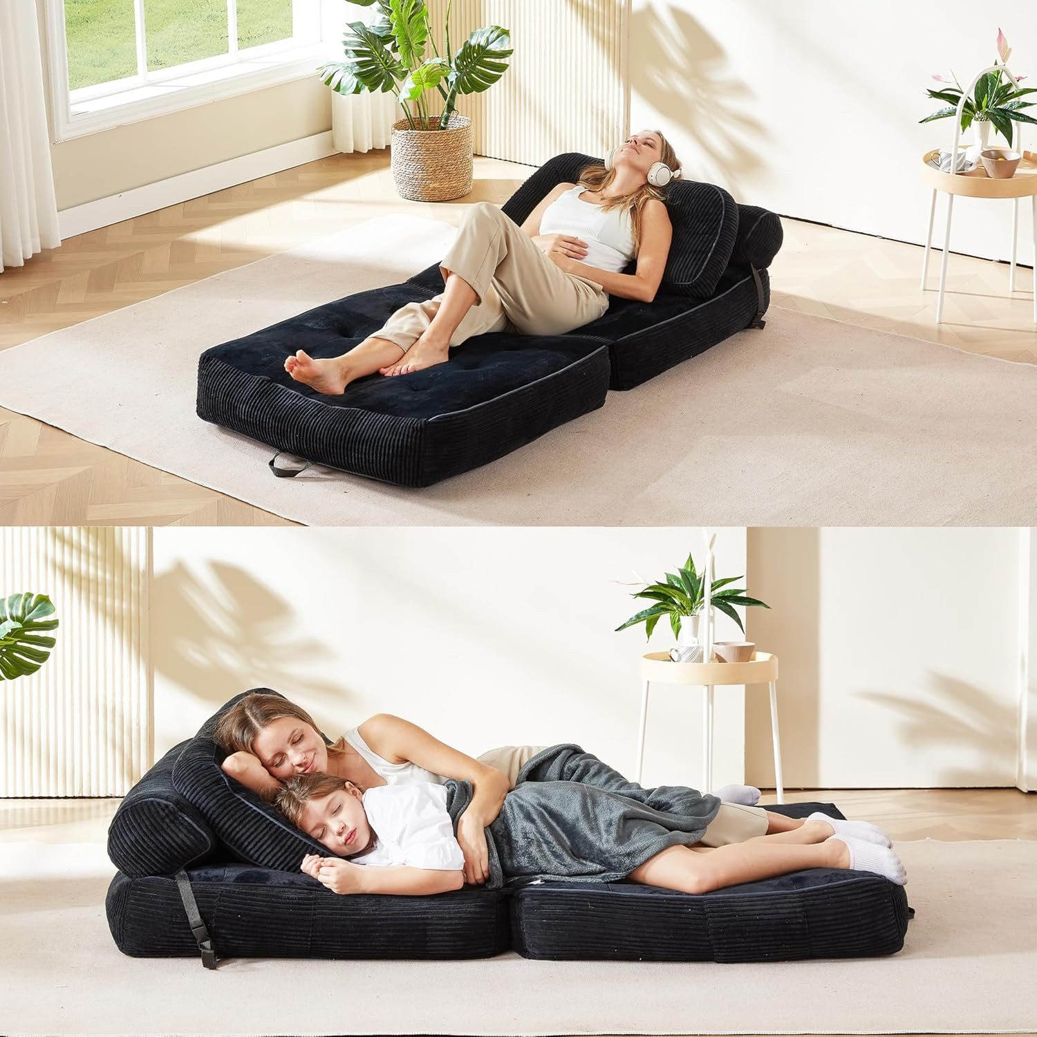Folding Sofa Bed, Flannel Futon Couch Bed with Pillow and Blanket, Convertible S