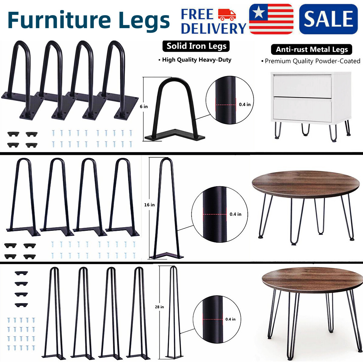 6” 16” 28” Coffee Table Metal Hairpin Legs Solid Iron Bar Black Set of 4 USA