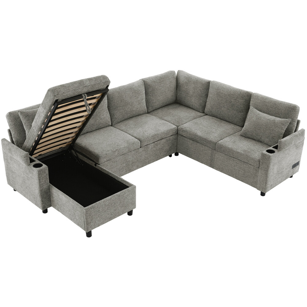 109.9″ Sectional Sofa Bed U-shaped Sofa with Storage, Cup Holders, Light Grey