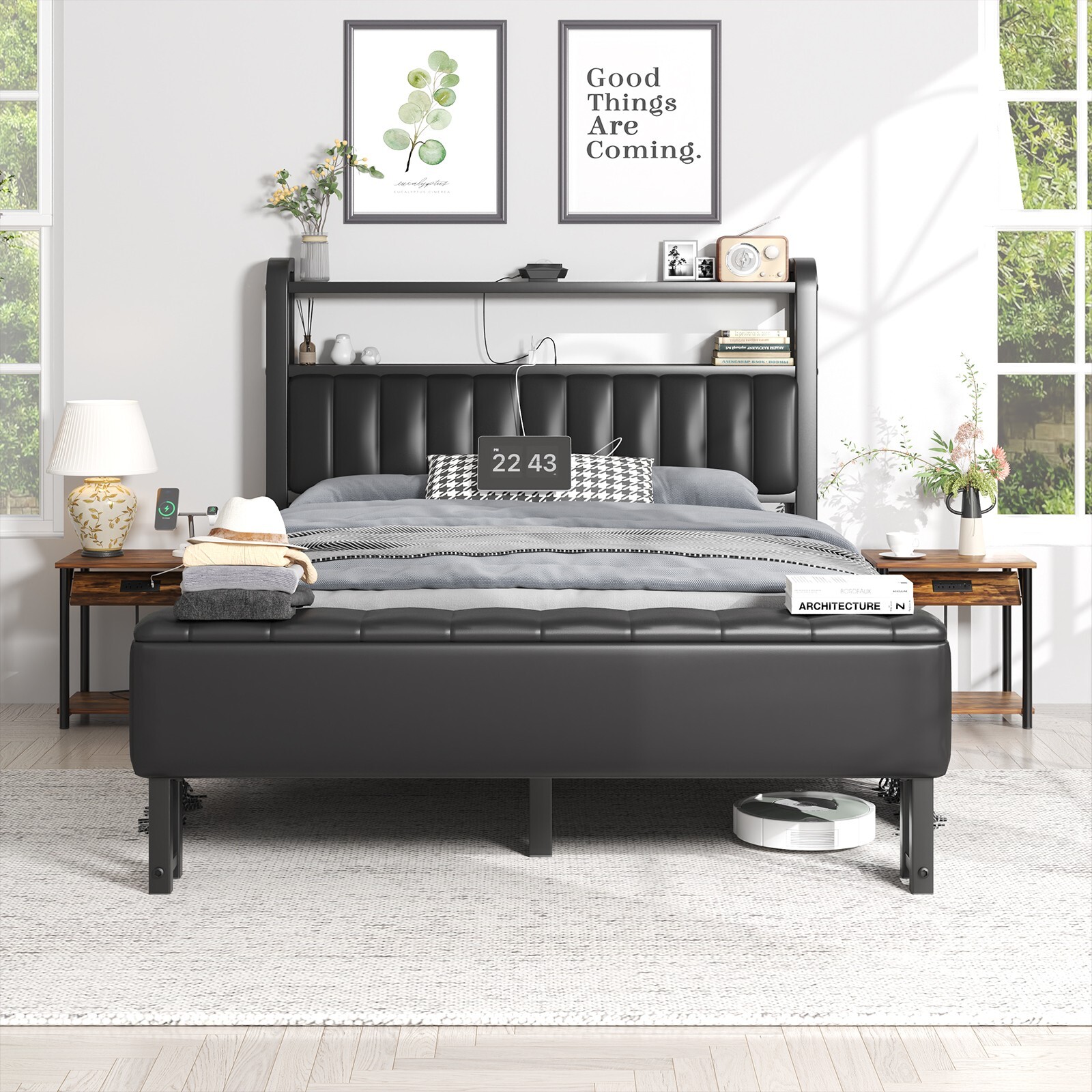Queen/Full/KingUpholstered Bed Frame with Starry Sky Light and Charging Station