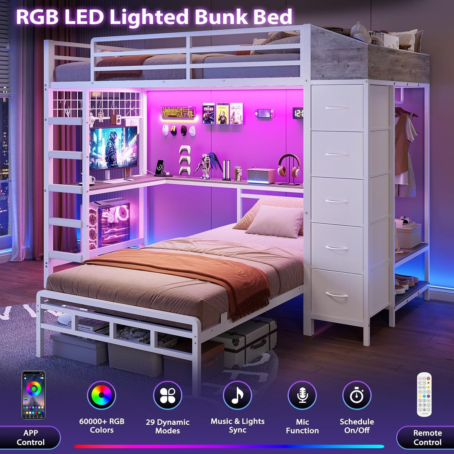 Bunk Bed Twin Over Twin with Storage Hall Tree, Charging Station and LED Lights