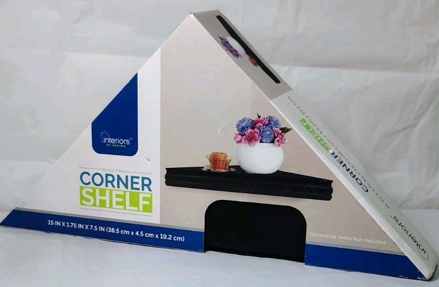 NEW Interiors By Design Black Corner Shelves 15in x 1.75in x 7.5in Plastic