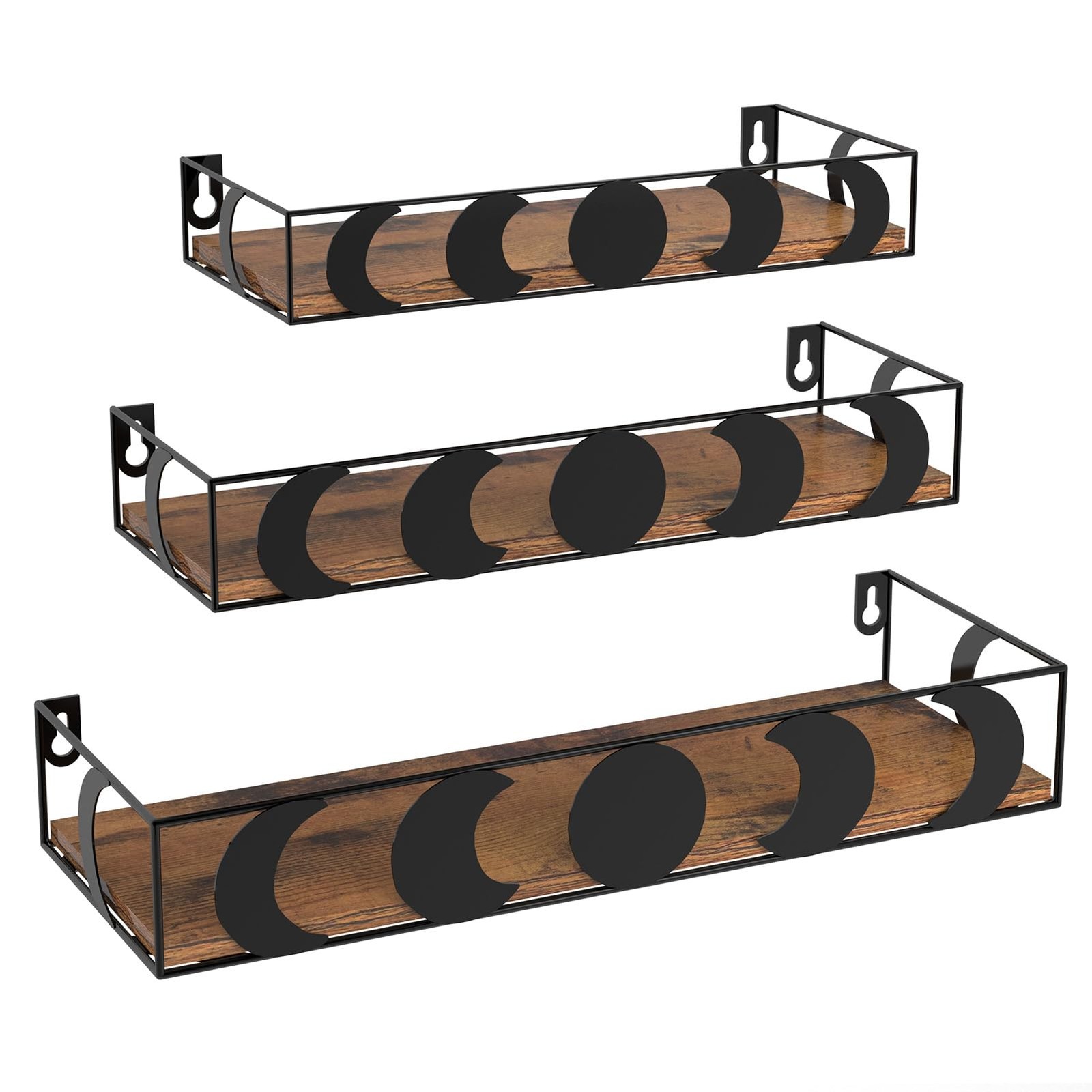 3 PCS Moon Phase Floating Wall Shelves Black Brown Crystal Display Decor Wood