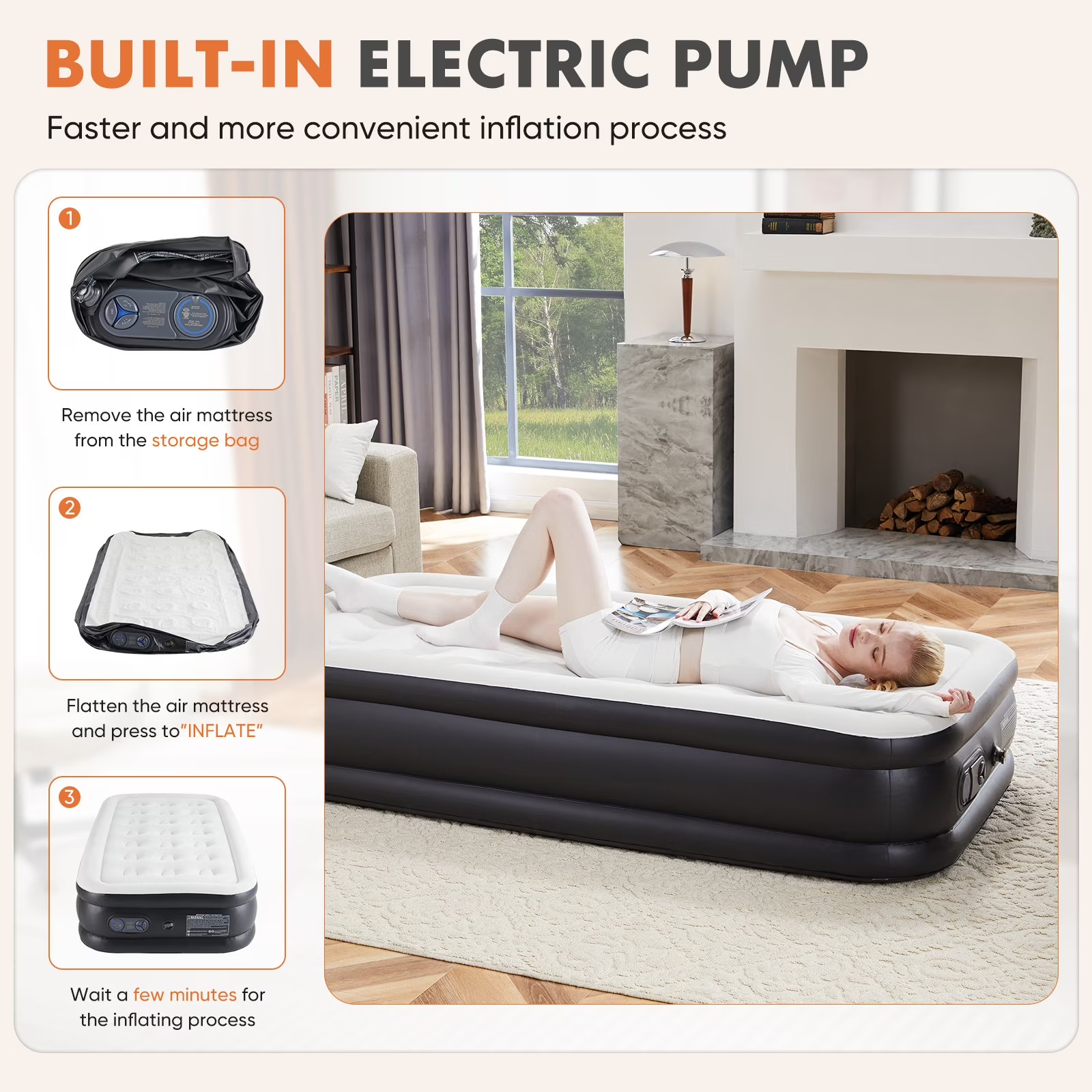 edx Twin Air Mattress 18in Built-in Pump Inflatable Bed Camping Guest Indoor