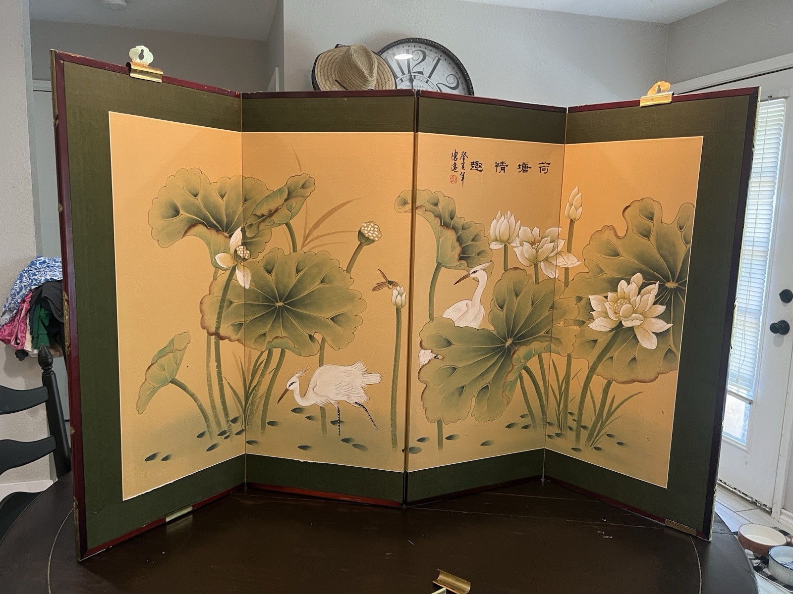 JAPANESE 4 PANEL SIGNED VINTAGE FOLDING SCREEN FLOWERS BIRDS 59 X 35”