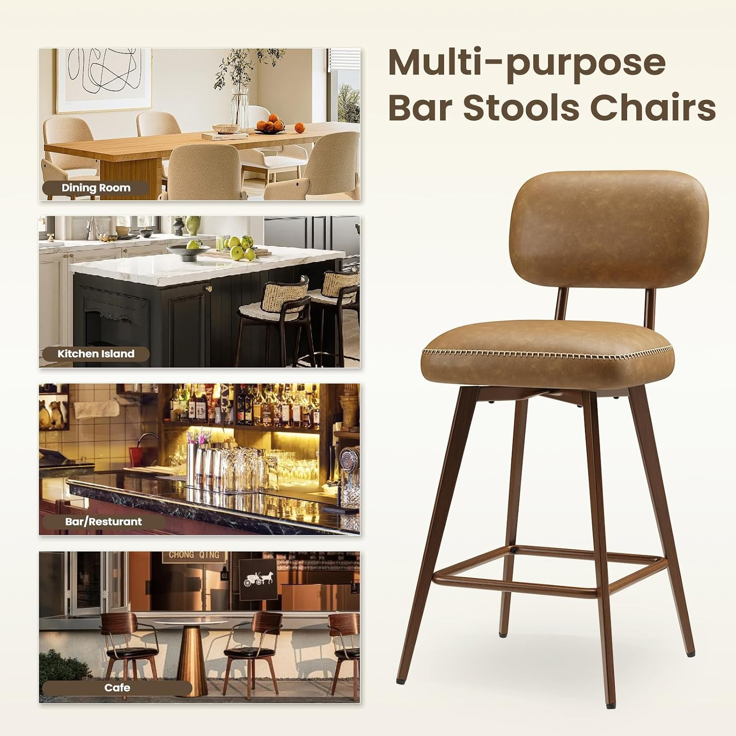 Mid Century 26″ PU Leather Swivel Bar Stools Set of 2, Brown Metal Legs