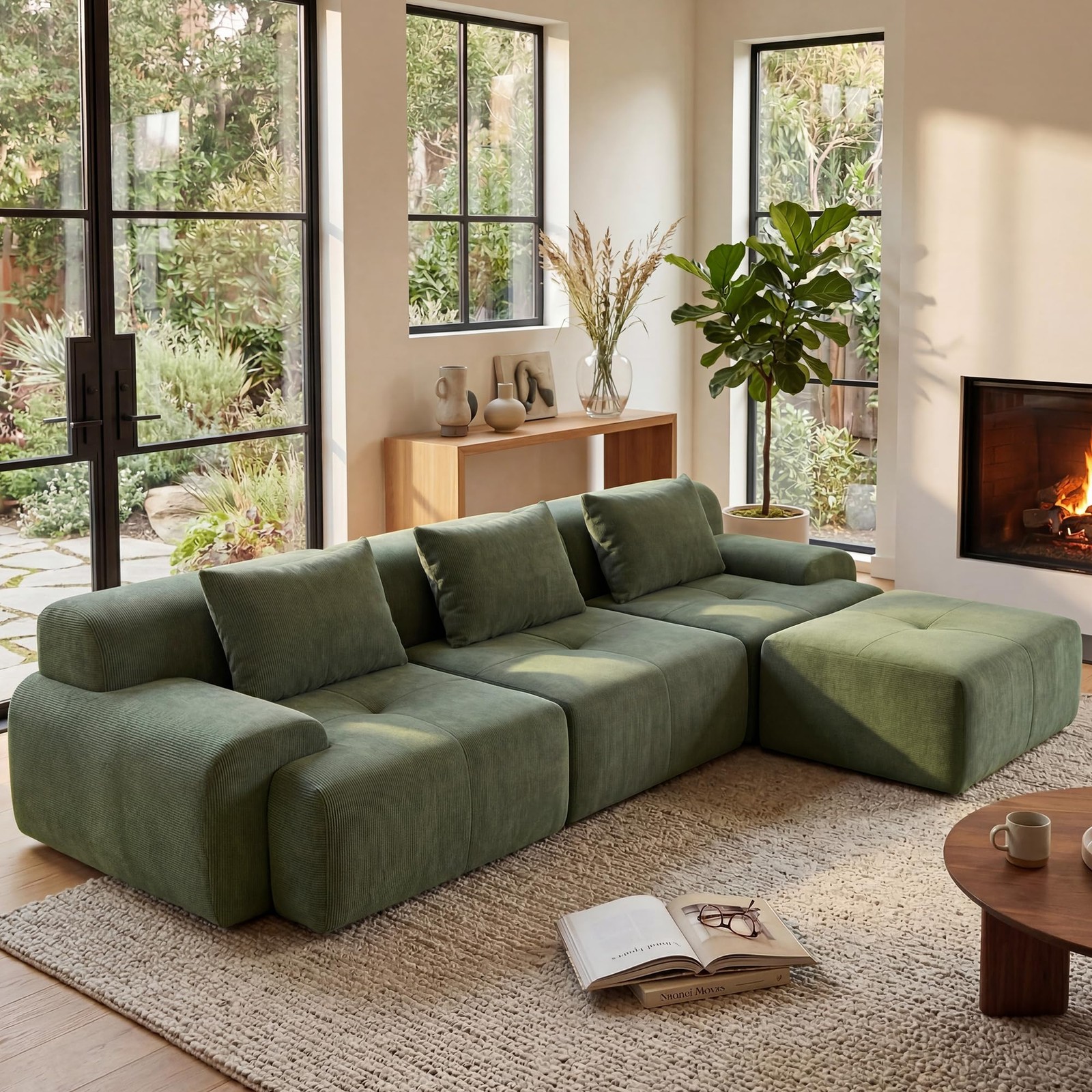 108 Modular Sectional Boneless Sofa Tufted L Deep Seat Ottoman Corduroy Green